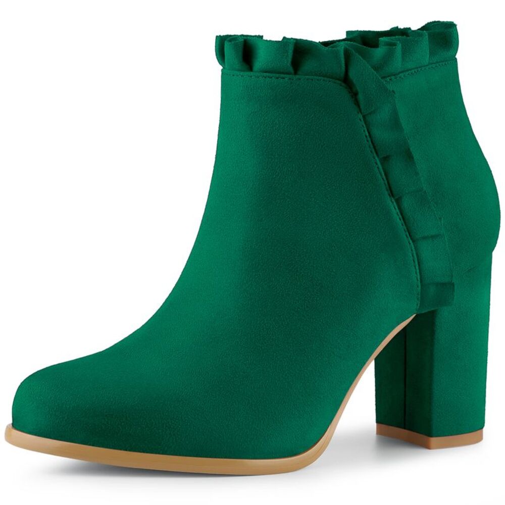 Round Toe Ruffle Ankle Boots Black Chunky Heel Boots for Women